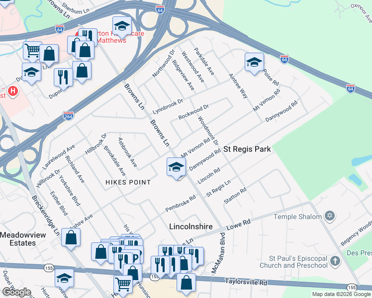 map of restaurants, bars, coffee shops, grocery stores, and more near 4308 Brookhaven Avenue in Louisville