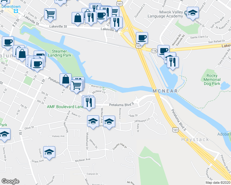 map of restaurants, bars, coffee shops, grocery stores, and more near 2029 Chetwood Drive in Petaluma