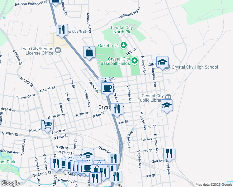 map of restaurants, bars, coffee shops, grocery stores, and more near 1001 Lindsay Avenue in Crystal City