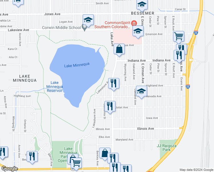 map of restaurants, bars, coffee shops, grocery stores, and more near 2201-2299 Lakeshore Ave in Pueblo