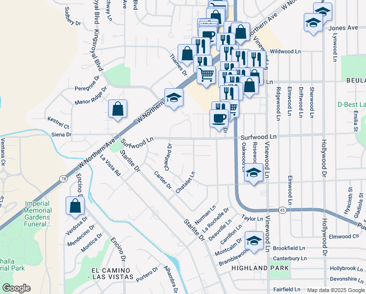 map of restaurants, bars, coffee shops, grocery stores, and more near 2101 Chatalet Lane in Pueblo