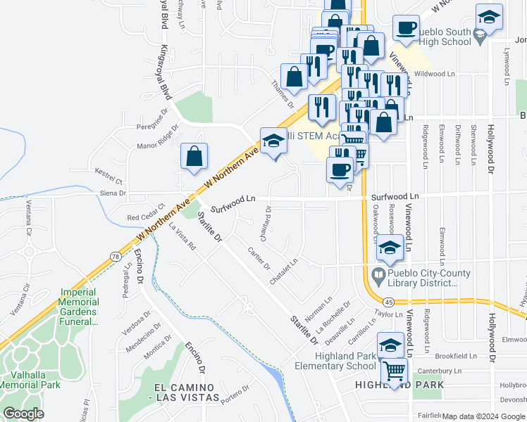 map of restaurants, bars, coffee shops, grocery stores, and more near 2103 Chautard Drive in Pueblo
