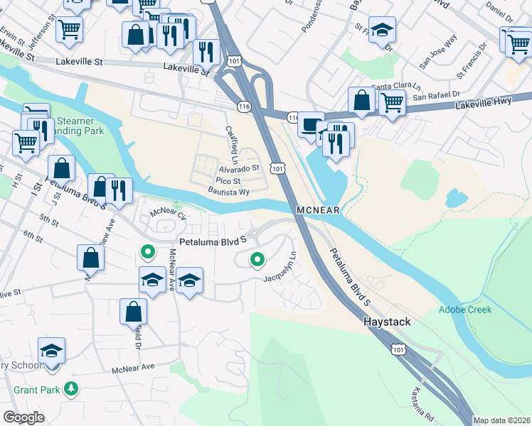 map of restaurants, bars, coffee shops, grocery stores, and more near 1601 Petaluma Boulevard South in Petaluma
