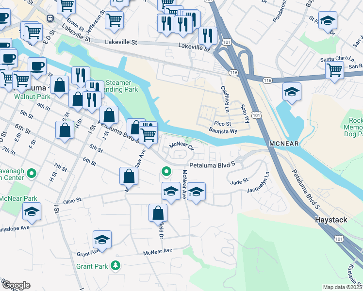 map of restaurants, bars, coffee shops, grocery stores, and more near 1065 Warren Drive in Petaluma