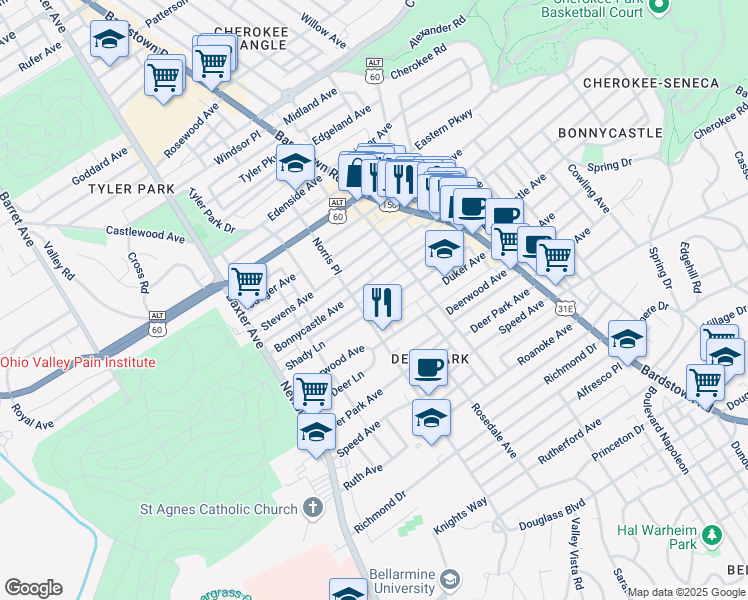 map of restaurants, bars, coffee shops, grocery stores, and more near 1826 Bonnycastle Avenue in Louisville