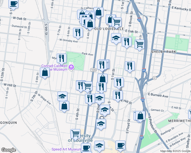 map of restaurants, bars, coffee shops, grocery stores, and more near 223 West Magnolia Avenue in Louisville