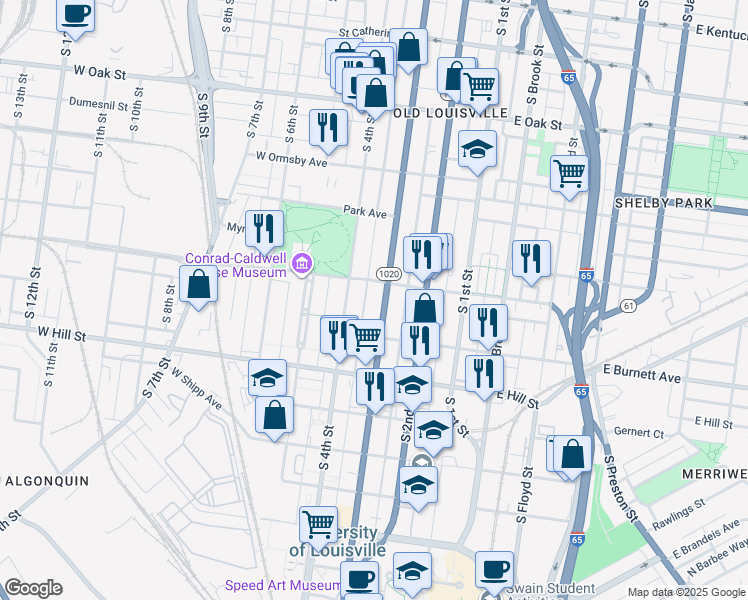 map of restaurants, bars, coffee shops, grocery stores, and more near 1401 South 4th Street in Louisville