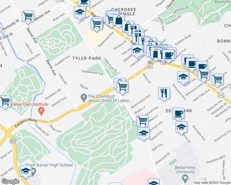 map of restaurants, bars, coffee shops, grocery stores, and more near 1502 Baxter Avenue in Louisville