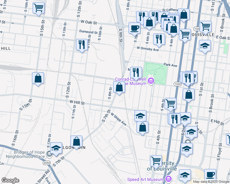 map of restaurants, bars, coffee shops, grocery stores, and more near 714 Oakland Avenue in Louisville