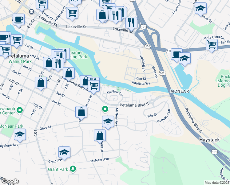 map of restaurants, bars, coffee shops, grocery stores, and more near 1065 Warren Drive in Petaluma