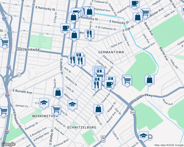 map of restaurants, bars, coffee shops, grocery stores, and more near 979 Goss Avenue in Louisville