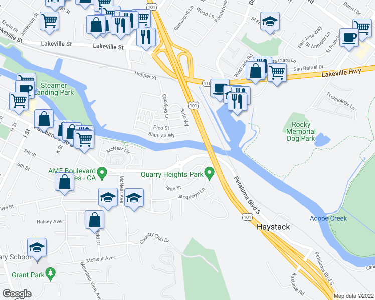 map of restaurants, bars, coffee shops, grocery stores, and more near 1601 Petaluma Boulevard South in Petaluma