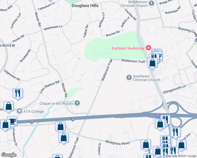 map of restaurants, bars, coffee shops, grocery stores, and more near 10427 Dove Chase Circle in Louisville
