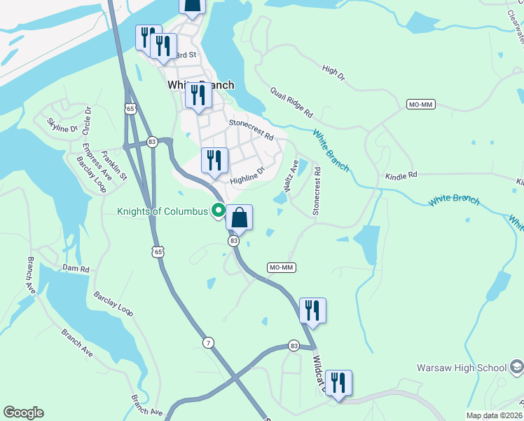map of restaurants, bars, coffee shops, grocery stores, and more near 31719 Highline Drive in Warsaw