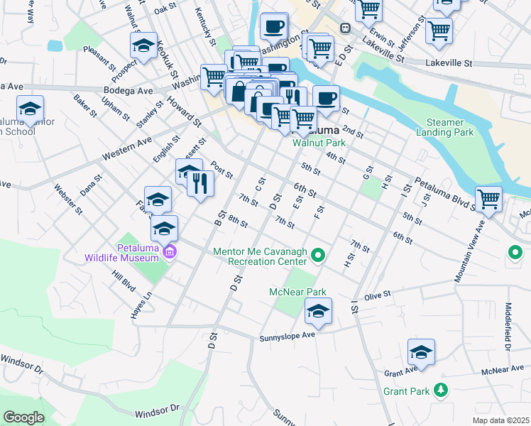 map of restaurants, bars, coffee shops, grocery stores, and more near 700 D Street in Petaluma