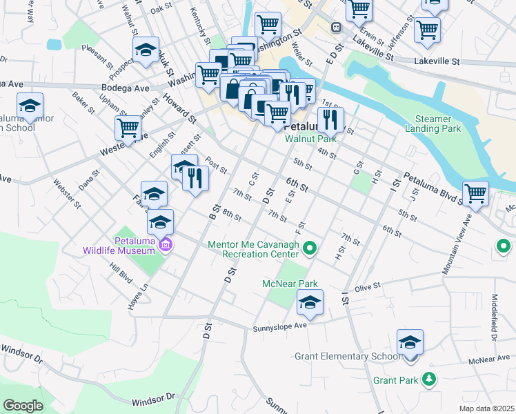 map of restaurants, bars, coffee shops, grocery stores, and more near 700 D Street in Petaluma
