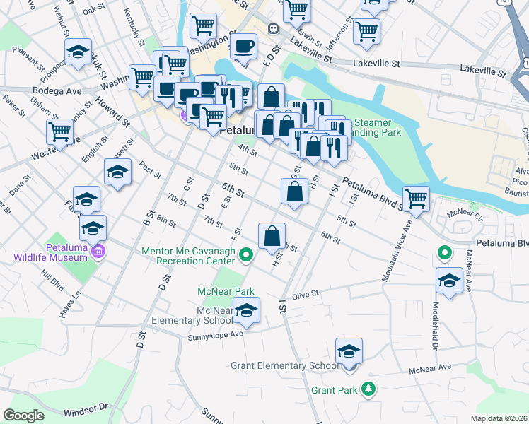 map of restaurants, bars, coffee shops, grocery stores, and more near 413 6th Street in Petaluma