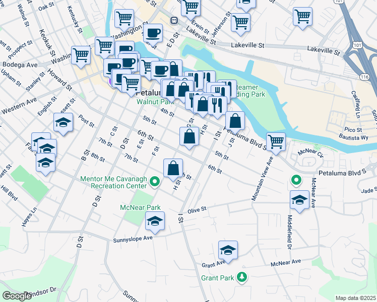 map of restaurants, bars, coffee shops, grocery stores, and more near 511 G Street in Petaluma