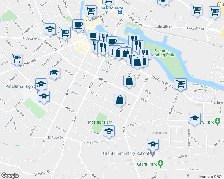 map of restaurants, bars, coffee shops, grocery stores, and more near 413 6th Street in Petaluma