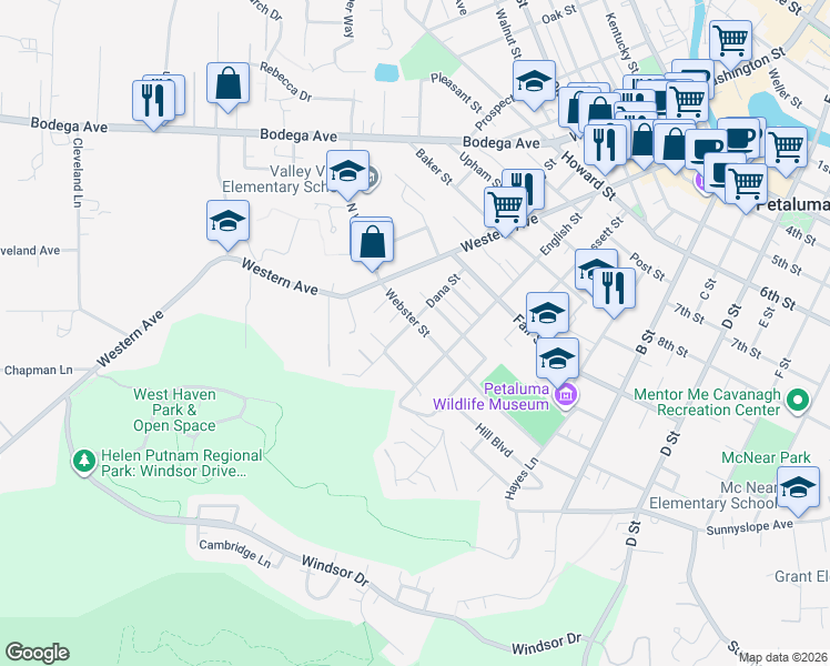 map of restaurants, bars, coffee shops, grocery stores, and more near 509 Webster Street in Petaluma