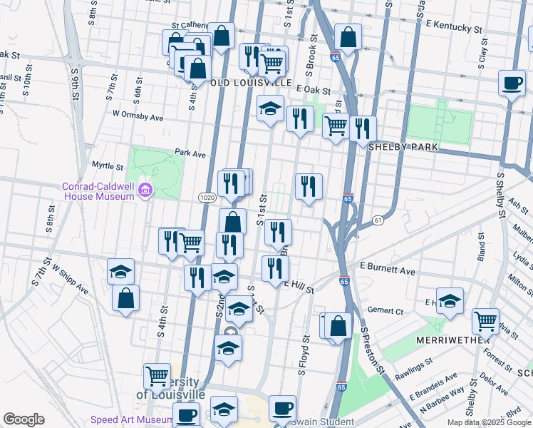 map of restaurants, bars, coffee shops, grocery stores, and more near 1392 South 1st Street in Louisville