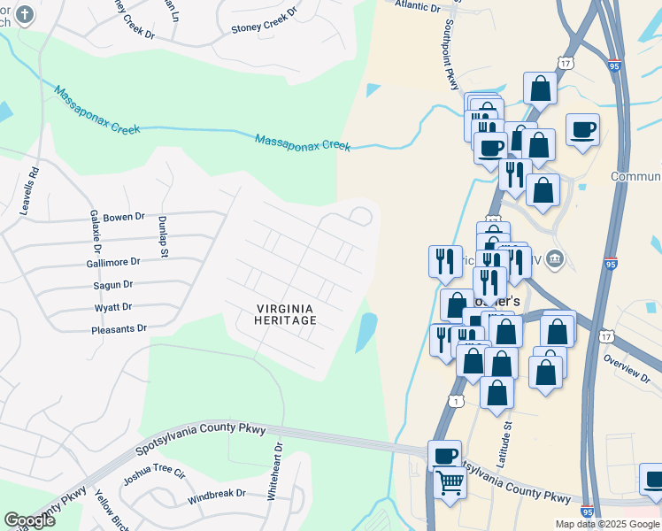 map of restaurants, bars, coffee shops, grocery stores, and more near 6020 East Greenbrier River Road in Fredericksburg