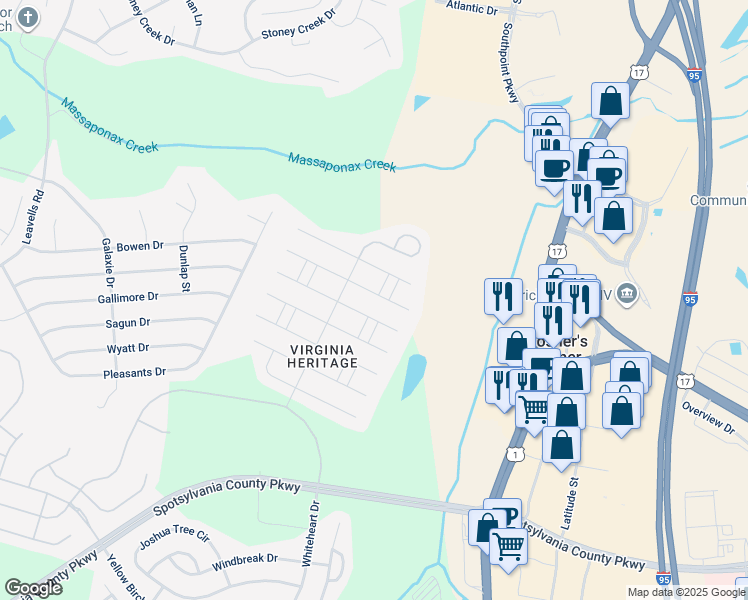 map of restaurants, bars, coffee shops, grocery stores, and more near 6020 East Greenbrier River Road in Fredericksburg
