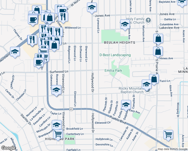 map of restaurants, bars, coffee shops, grocery stores, and more near 2108 Hollywood Drive in Pueblo