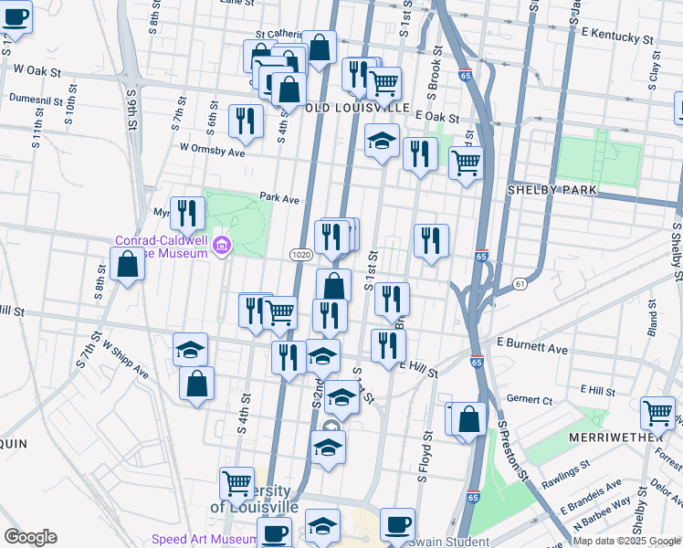 map of restaurants, bars, coffee shops, grocery stores, and more near 1397 Kentucky 1020 in Louisville
