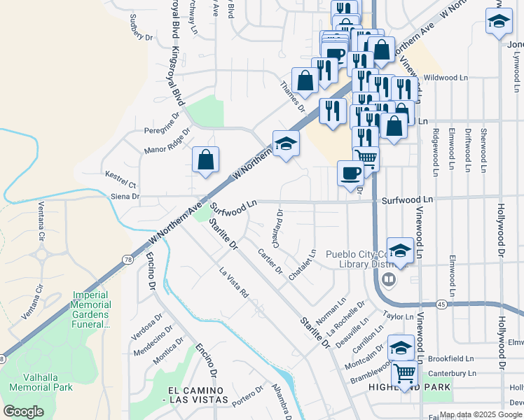 map of restaurants, bars, coffee shops, grocery stores, and more near 100 San Carlos Road in Pueblo