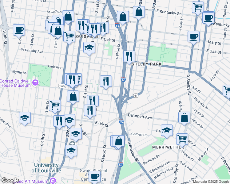 map of restaurants, bars, coffee shops, grocery stores, and more near 1361 South Floyd Street in Louisville