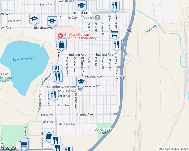 map of restaurants, bars, coffee shops, grocery stores, and more near 2220 Cedar Street in Pueblo