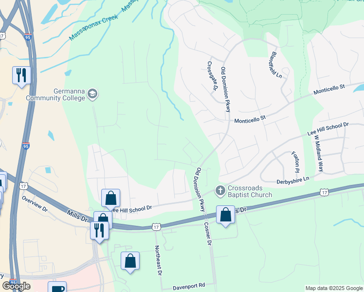 map of restaurants, bars, coffee shops, grocery stores, and more near 9706 Dominion Forest Circle in Fredericksburg