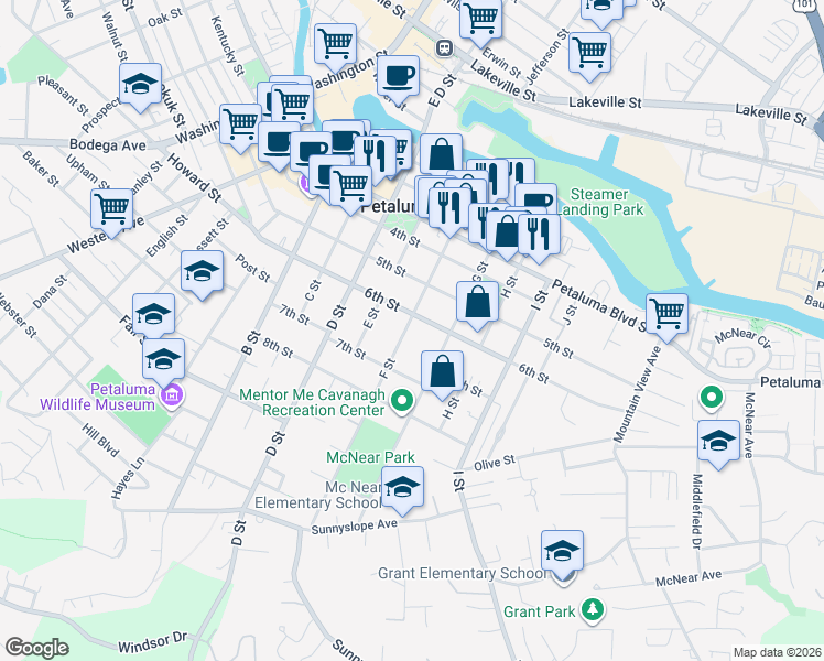 map of restaurants, bars, coffee shops, grocery stores, and more near 413 6th Street in Petaluma