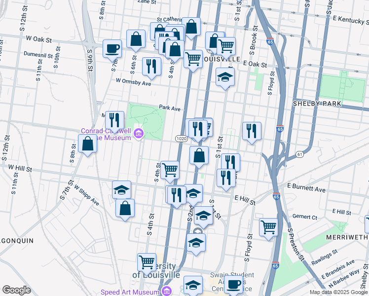 map of restaurants, bars, coffee shops, grocery stores, and more near 1407 South 3rd Street in Louisville