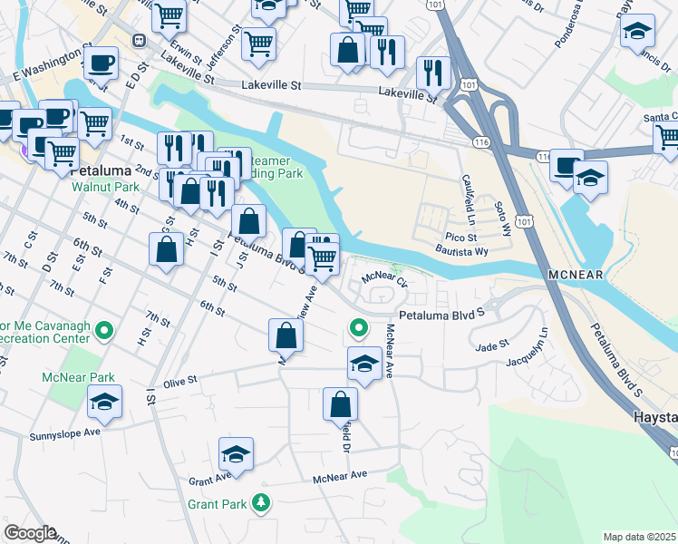 map of restaurants, bars, coffee shops, grocery stores, and more near 951 Petaluma Boulevard South in Petaluma