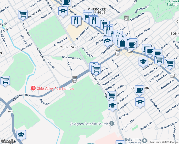 map of restaurants, bars, coffee shops, grocery stores, and more near 1544 Eastern Parkway in Louisville