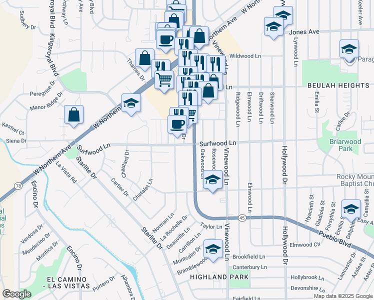 map of restaurants, bars, coffee shops, grocery stores, and more near 4001 Surfwood Lane in Pueblo