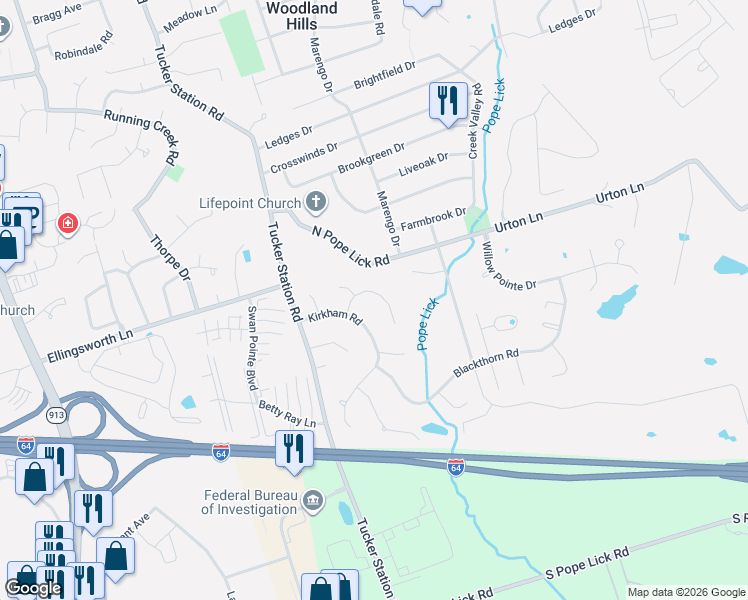 map of restaurants, bars, coffee shops, grocery stores, and more near 913 Brierly Hill Court in Louisville
