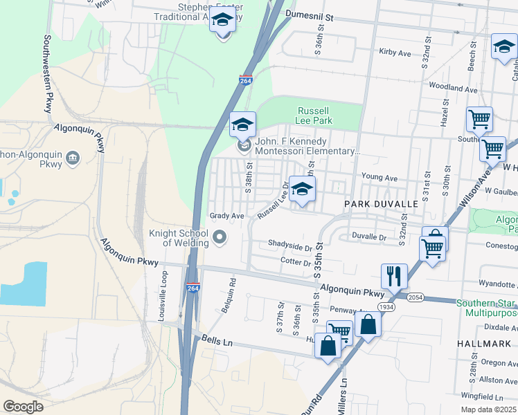 map of restaurants, bars, coffee shops, grocery stores, and more near 1804 Russell Lee Drive in Louisville