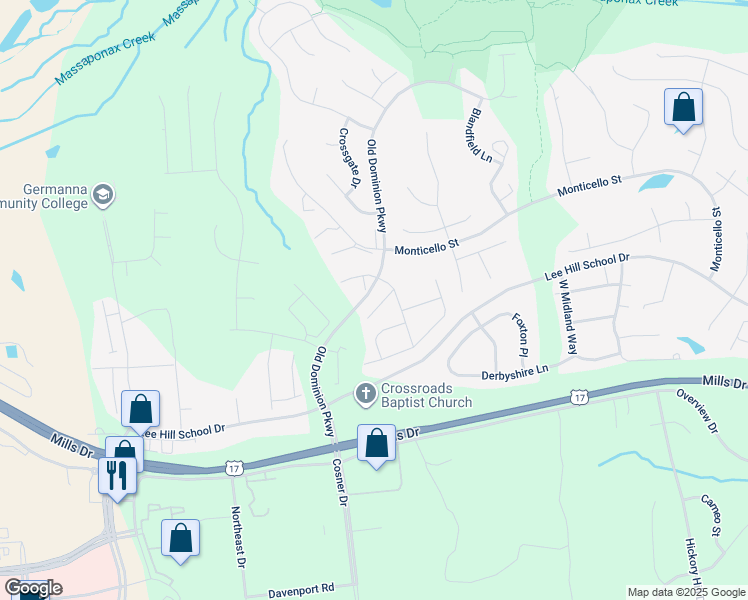 map of restaurants, bars, coffee shops, grocery stores, and more near 9412 Muirfield Court in Fredericksburg