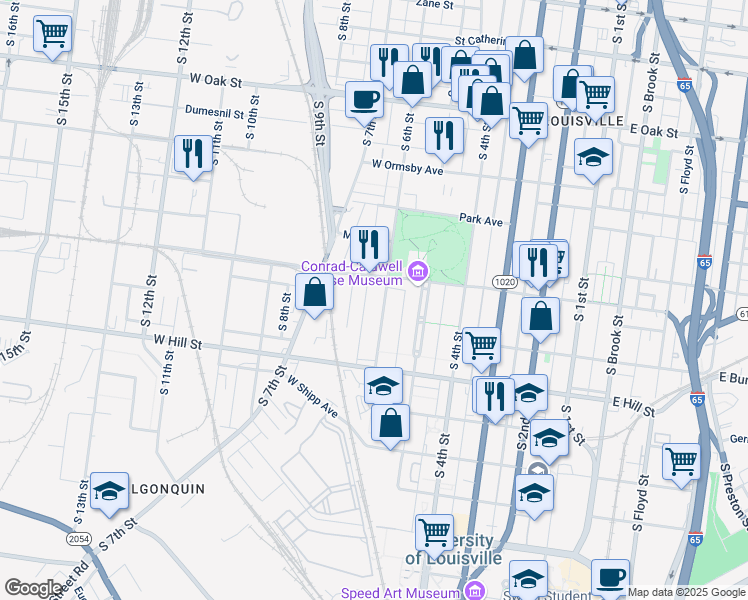 map of restaurants, bars, coffee shops, grocery stores, and more near 1408 South 6th Street in Louisville