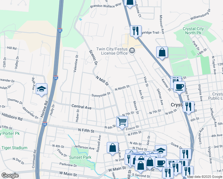 map of restaurants, bars, coffee shops, grocery stores, and more near 916 North Mill Street in Festus