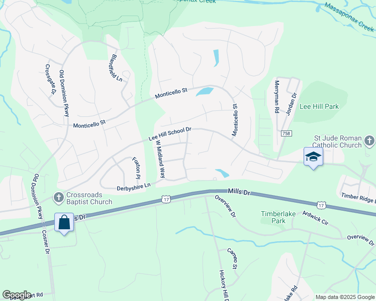 map of restaurants, bars, coffee shops, grocery stores, and more near 4007 Sherborne Lane in Fredericksburg