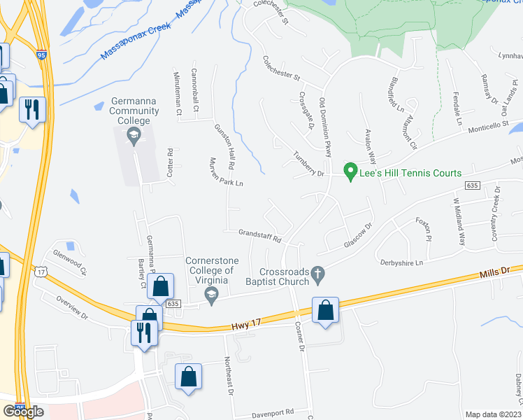 map of restaurants, bars, coffee shops, grocery stores, and more near 9706 Dominion Forest Circle in Fredericksburg
