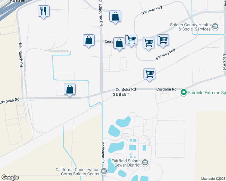 map of restaurants, bars, coffee shops, grocery stores, and more near 2950 Cordelia Road in Fairfield