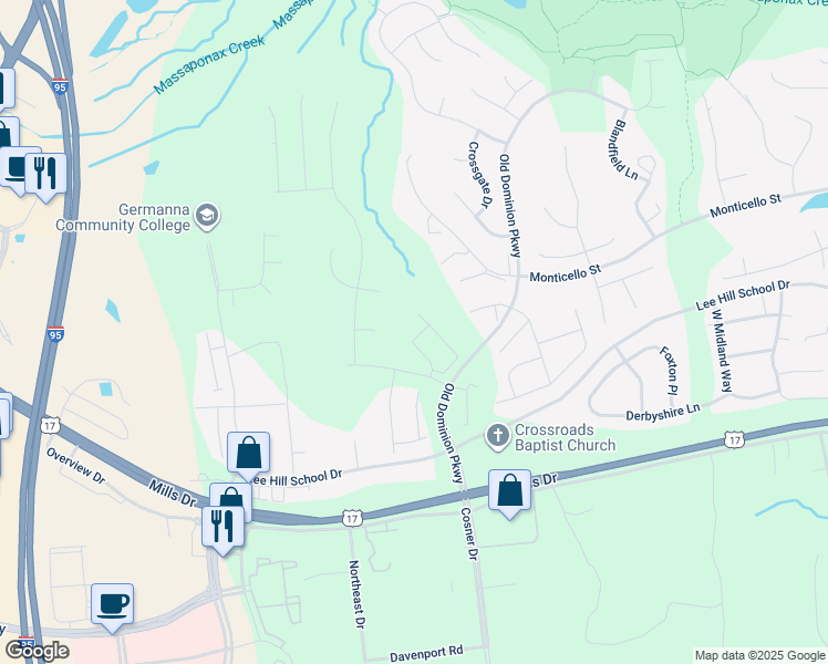 map of restaurants, bars, coffee shops, grocery stores, and more near 9708 Dominion Forest Circle in Fredericksburg