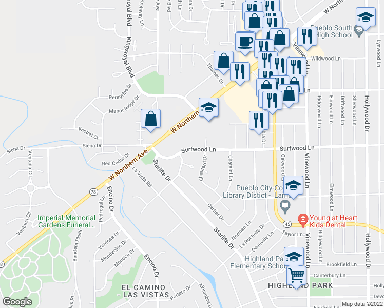 map of restaurants, bars, coffee shops, grocery stores, and more near 100 San Carlos Road in Pueblo
