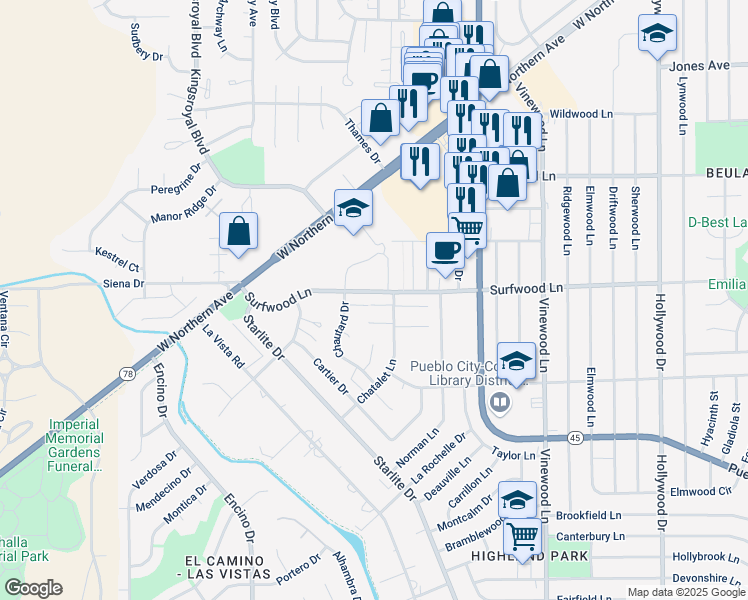 map of restaurants, bars, coffee shops, grocery stores, and more near 2101 Chatalet Lane in Pueblo