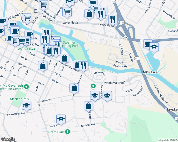 map of restaurants, bars, coffee shops, grocery stores, and more near 1005 Warren Drive in Petaluma